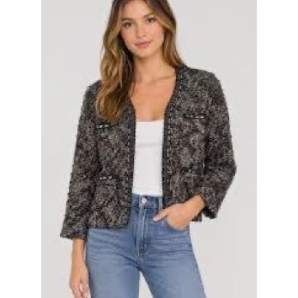 Zara Knitwear Alpaca Wool Blend Sequin Trim Open Front Jacket Grey Large